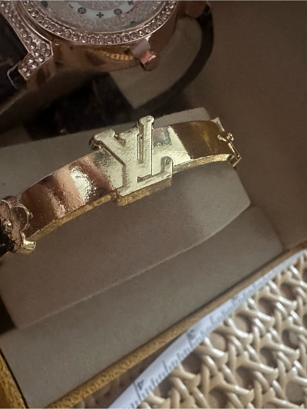 Source Unknown Gold Crystal Watch with Brown Monogram Strap & Gold LV Bracelet - Picture 5 of 15